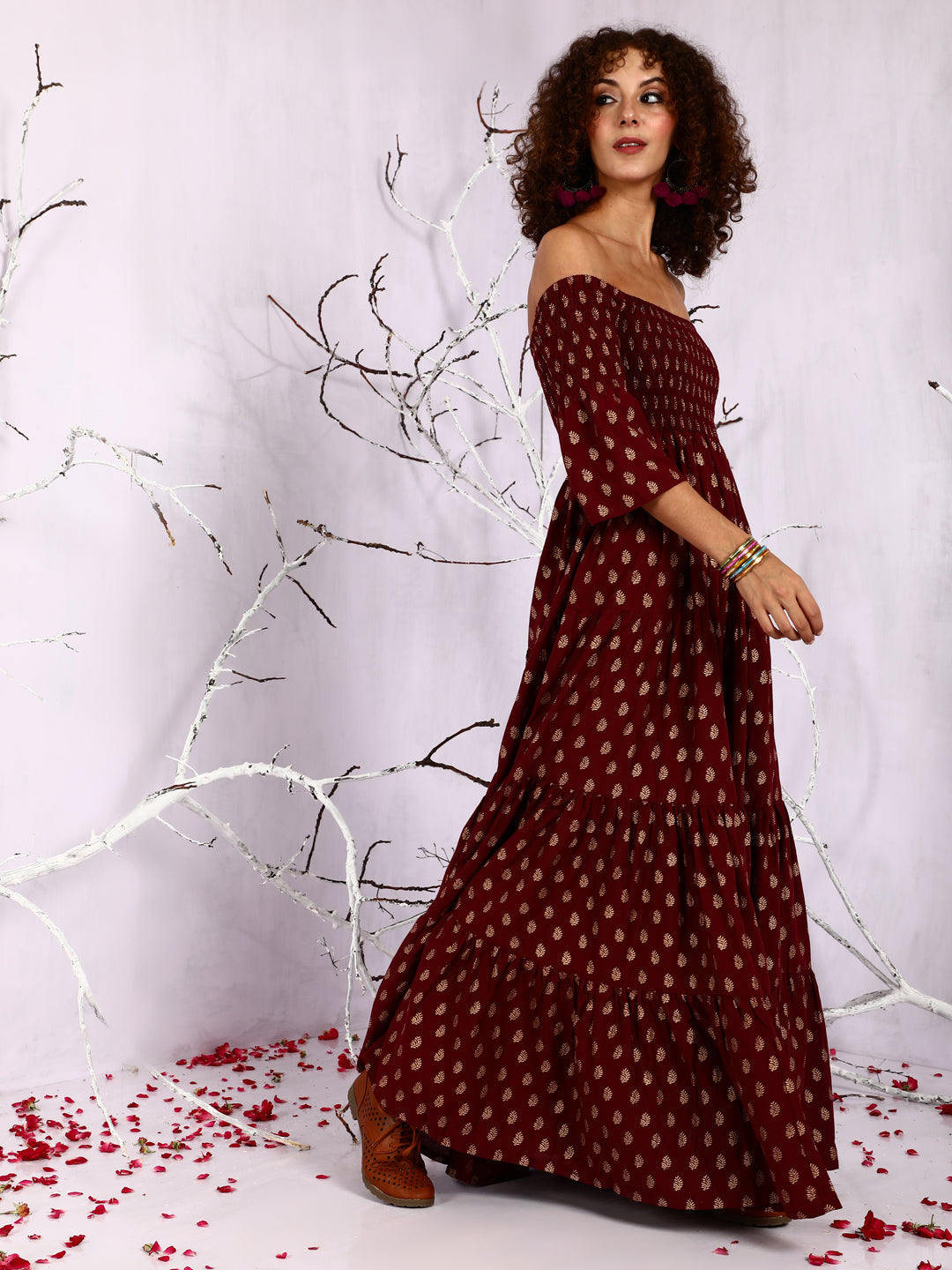 Maroon Off-Shoulder Tiered Maxi Dress