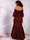 Maroon Off-Shoulder Tiered Maxi Dress