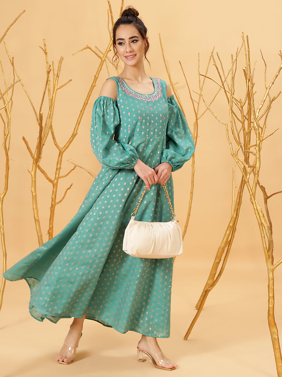 Green Embroidered Flared Maxi Dress