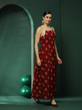 Maroon Floral Print Box Pleated Maxi Dress