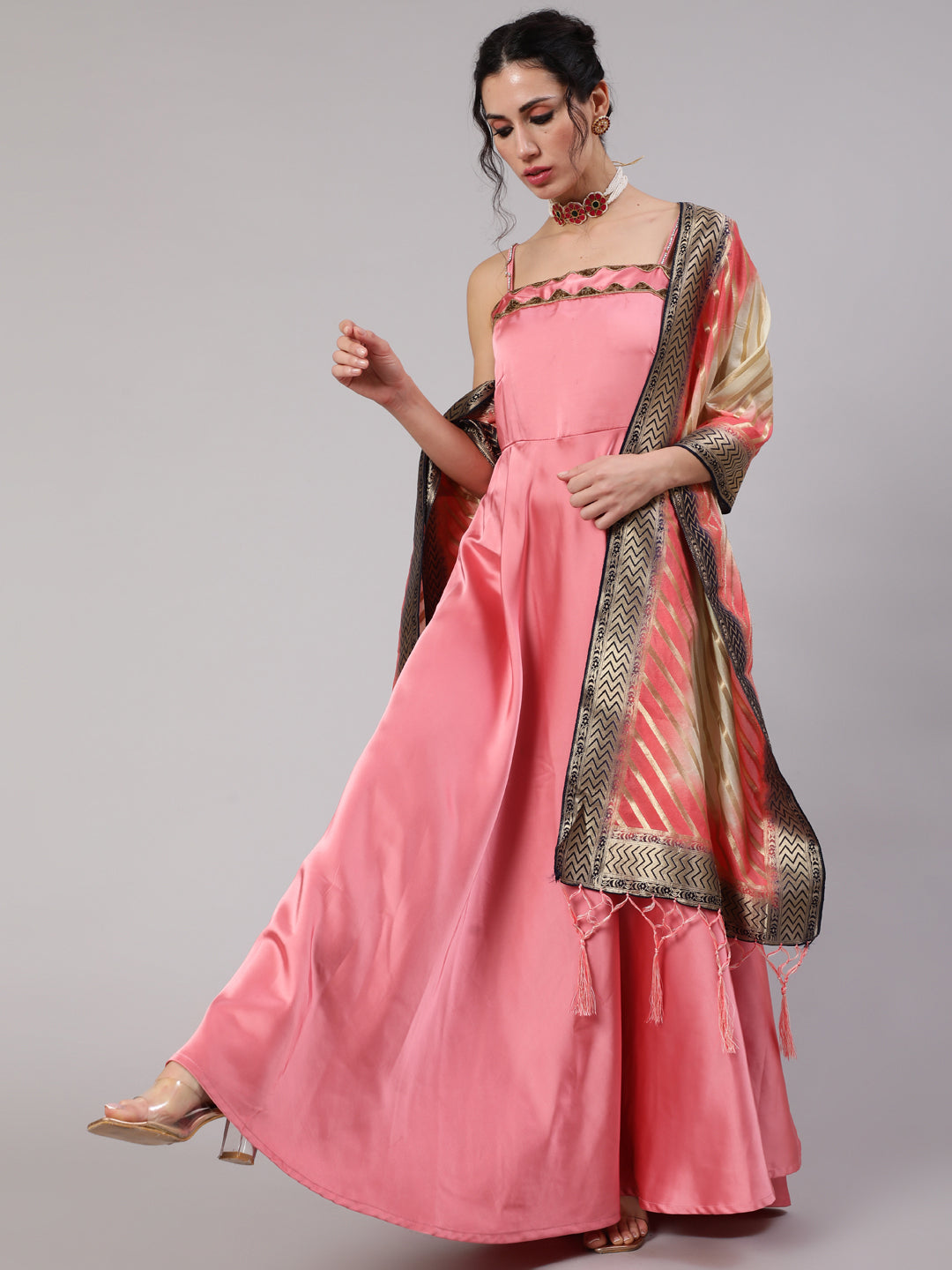 Mauve Flared Maxi Dress With Dupatta