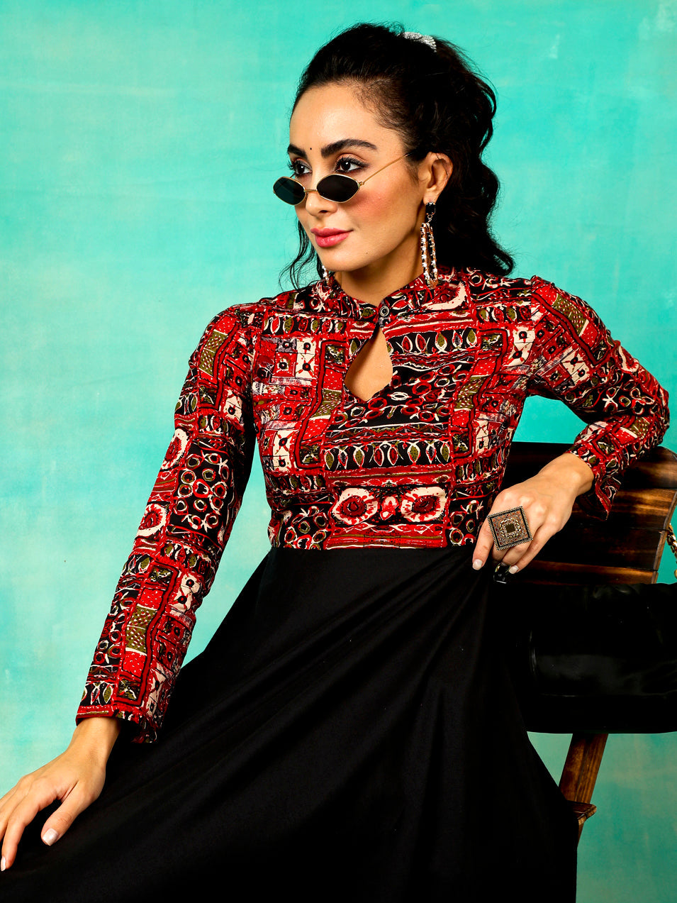 Black & Maroon Printed Anarkali