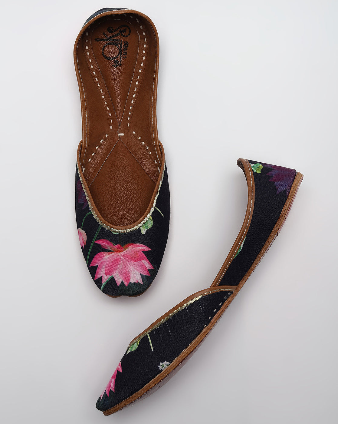 Navy Blue & Pink Floral Print Handcrafted Mojaris