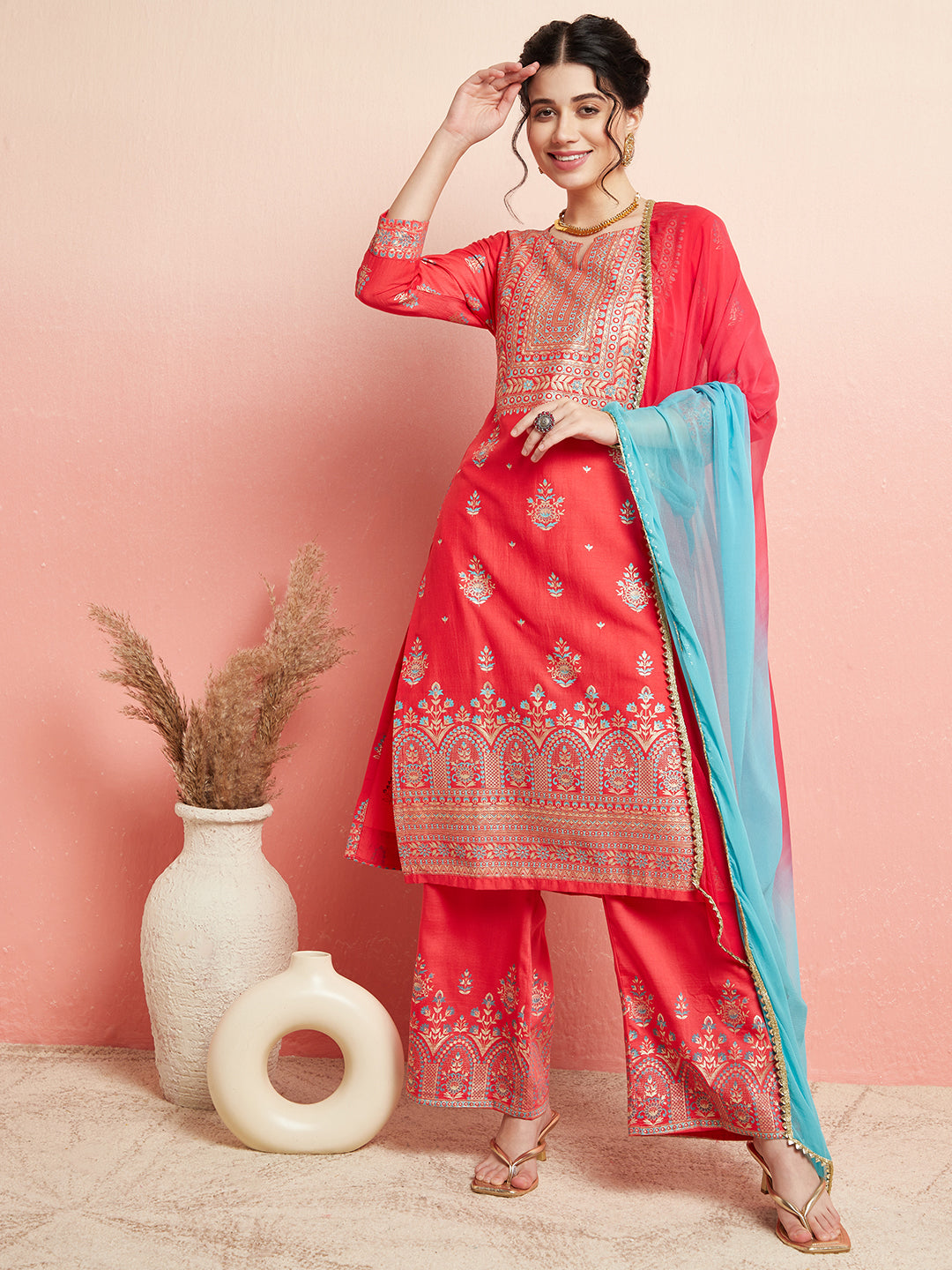 Red Placement Print Kurta Palazzo With Ombre Dupatta